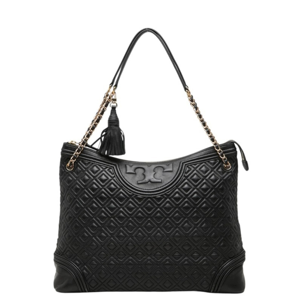 Tory Burch Fleming Handbag Shoulder Bag Diamond Quilted Black Leather Women's